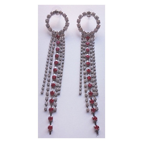 Earrings Long Drop Red Clear Crystals Silver Tone - Picture 1 of 6